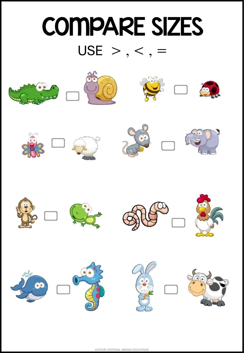 Real-life animal sizes: students write >, < or = between 8 animal pairs, such as crocodile and snail or mouse and elephant