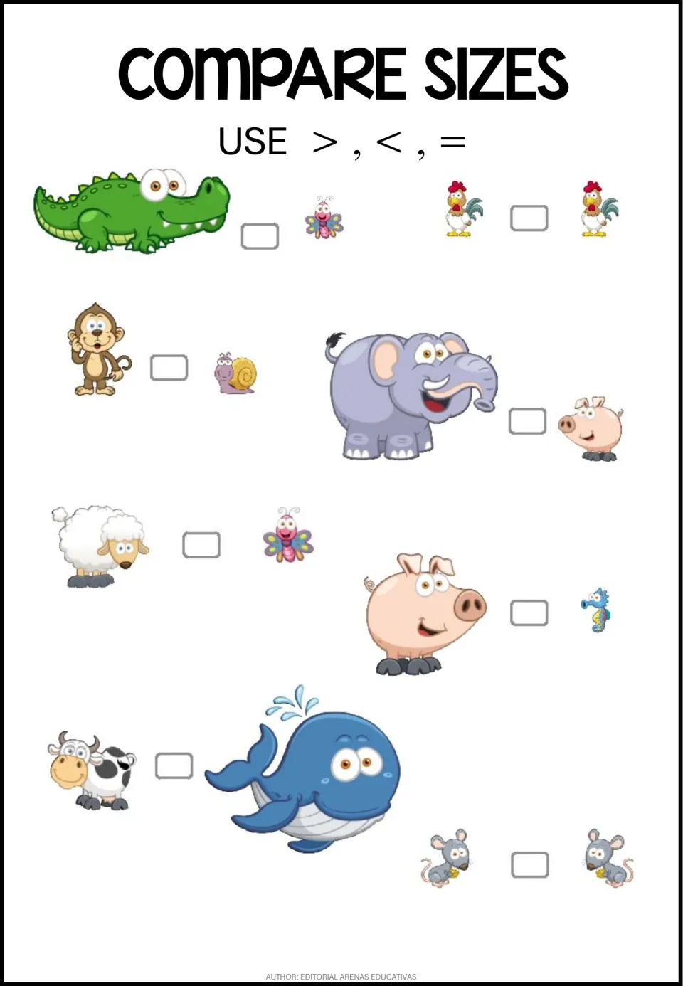 Picture size comparison: students write >, < or = for 8 animal pairs drawn big or small, like elephant and pig