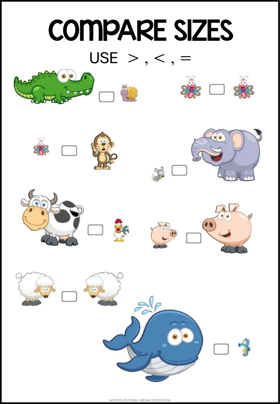 Bigger, smaller or equal: students mark >, < or = for 8 animal pairs, including two butterflies and two sheep