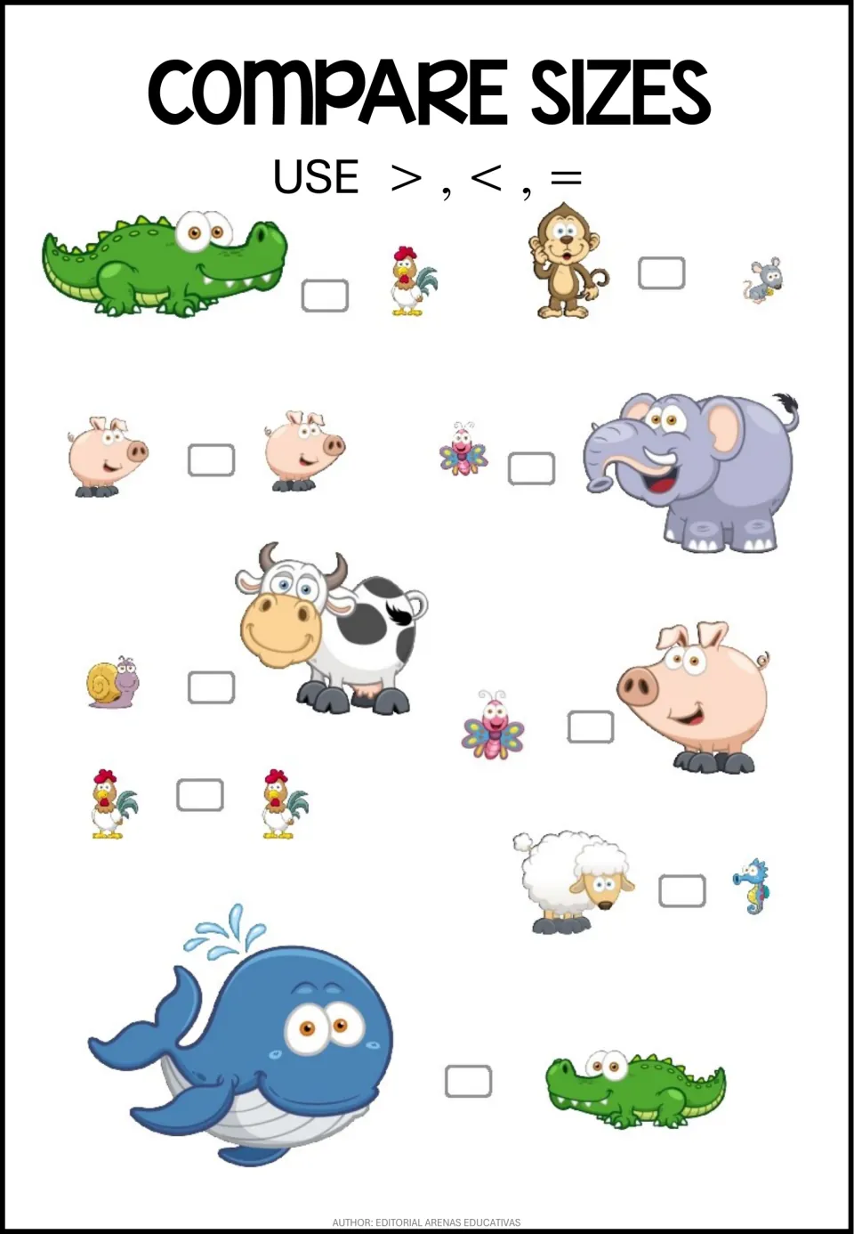 Size symbols review: students write >, < or = for 9 animal pairs, such as snail and cow, two pigs and whale vs crocodile