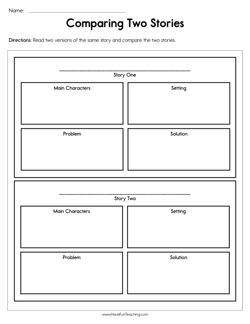 Story comparison worksheet for two versions of one story: main characters, setting, problem, and solution.