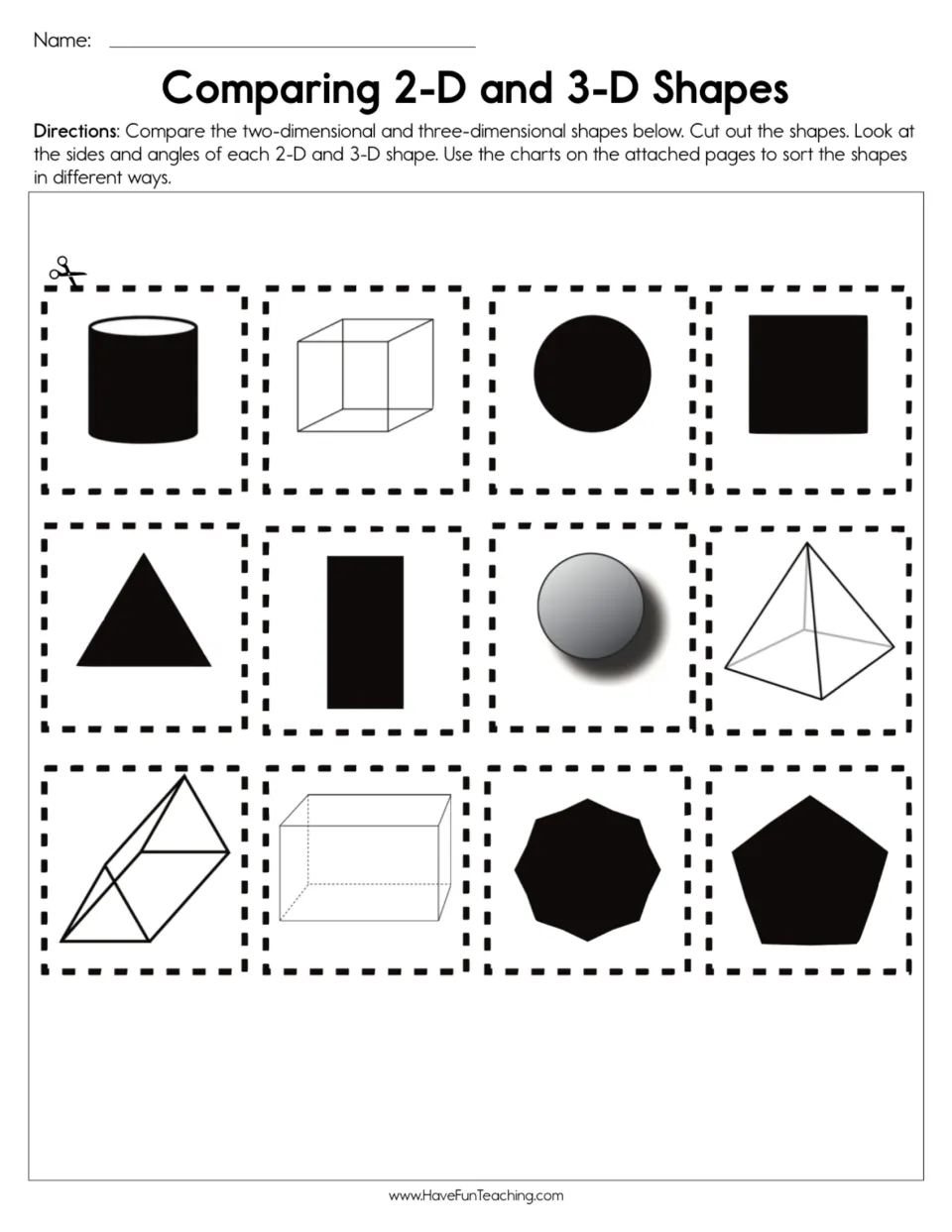 2-D and 3-D shape cut-outs: students cut out 12 shapes, including a cylinder, cube, sphere, pyramid and pentagon, to sort