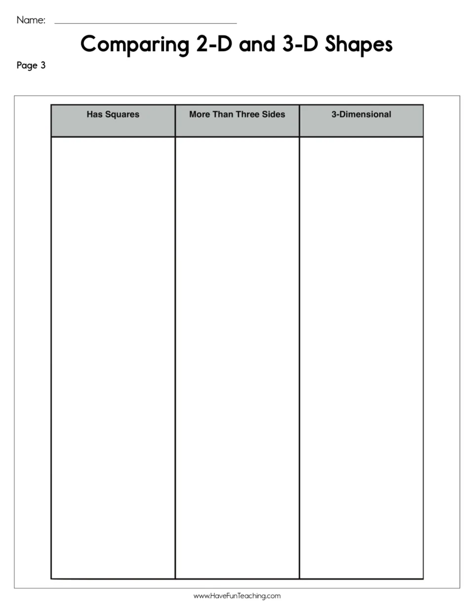 Second sorting chart: students classify shapes under Has Squares, More Than Three Sides or 3-Dimensional by features