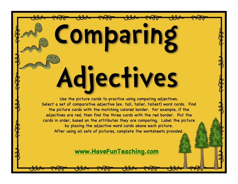 Comparing Adjectives cover with directions: match word cards like tall, taller, tallest to same-colored picture cards