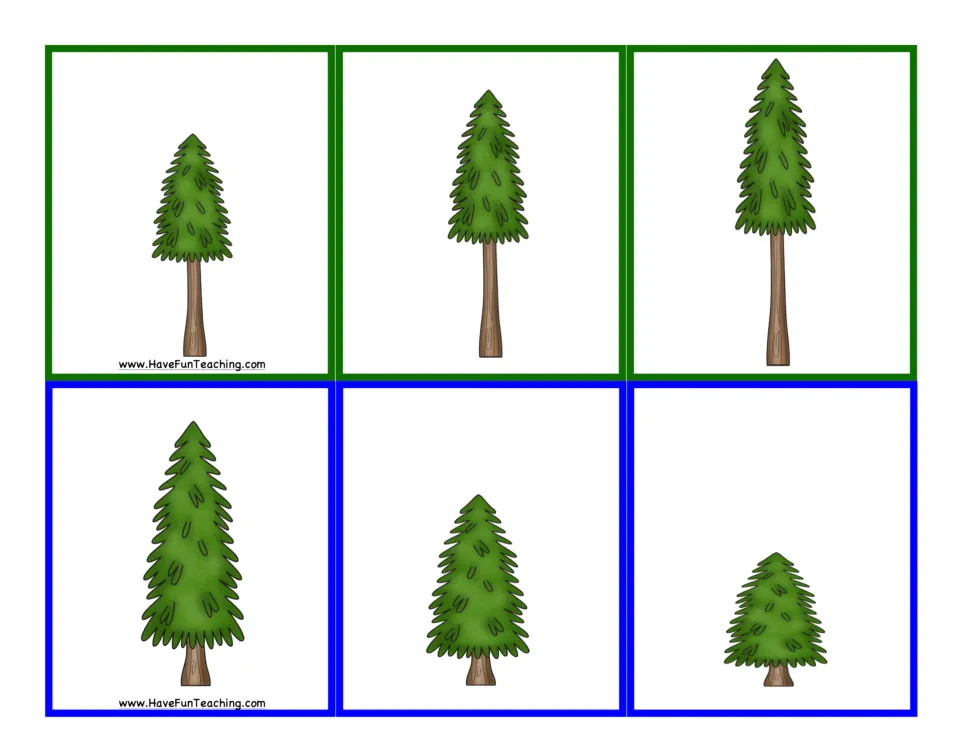 Pine tree picture cards in different heights: green set for tall-taller-tallest, blue set for short-shorter-shortest