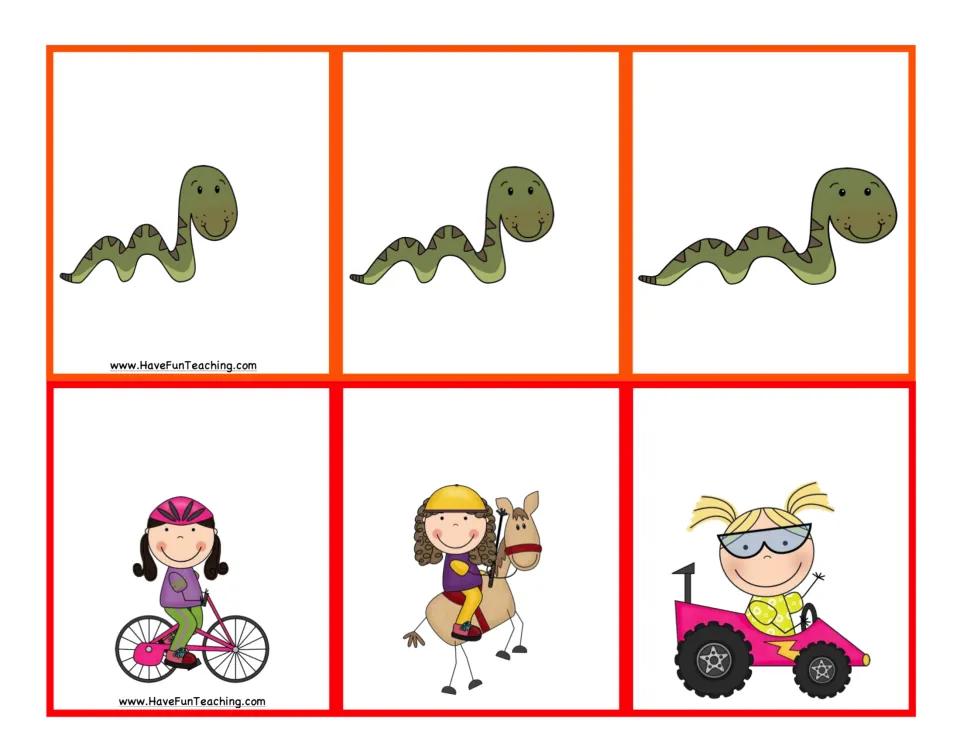 Picture cards: three snakes of growing length for long words; a bike, a horse and a race car for fast words