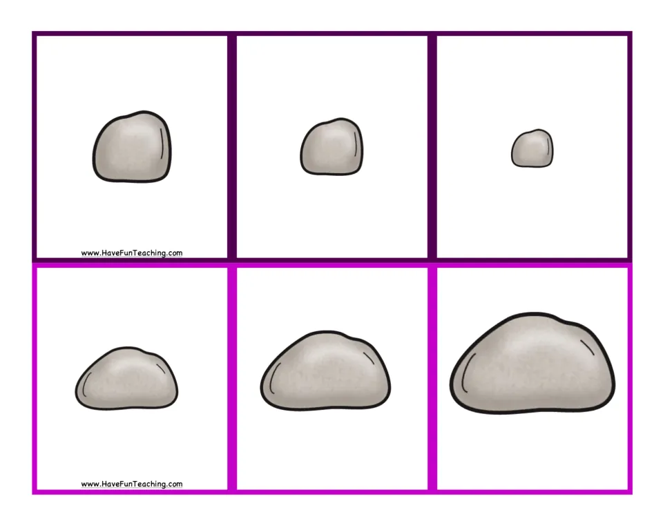 Rock picture cards for ordering by size: one purple set shrinks for small words and one pink set grows for big words