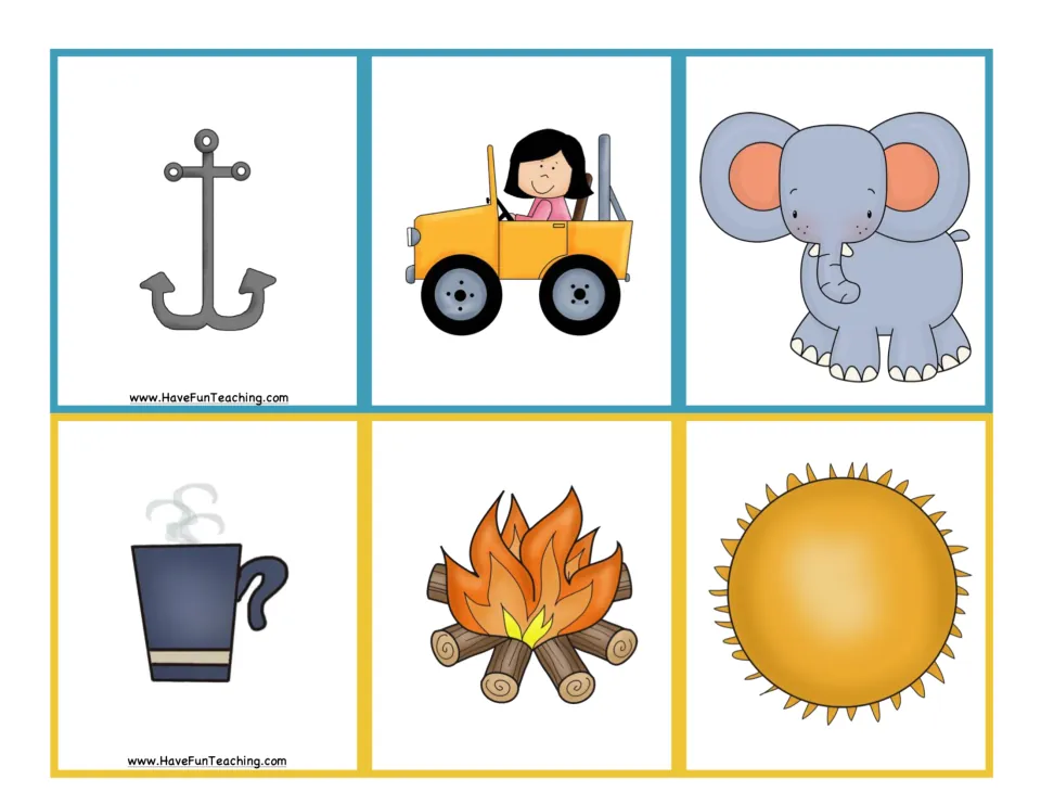 Picture cards for heavy words (anchor, jeep, elephant) and hot words (steaming mug, campfire, sun) for ordering by degree