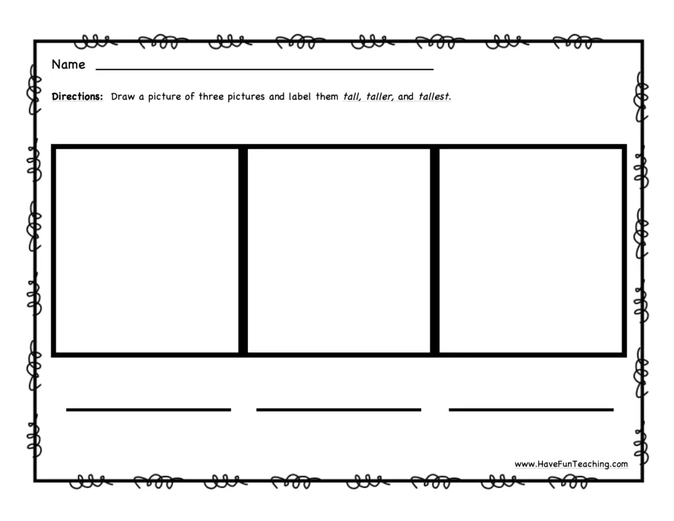 Drawing practice with comparatives: students draw three pictures and label them tall, taller and tallest