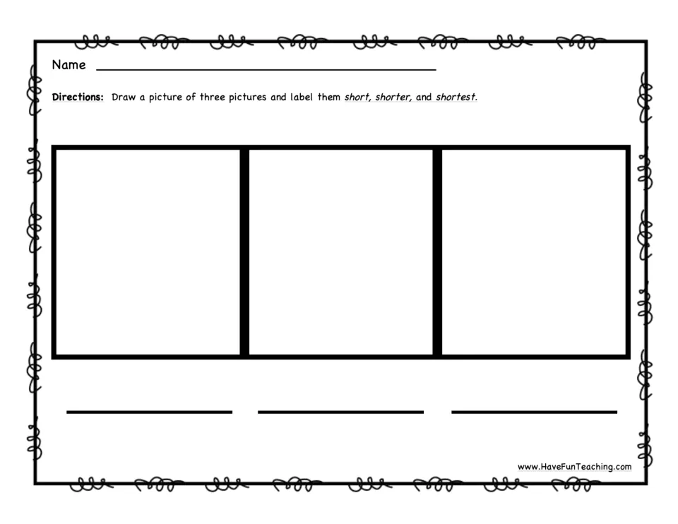 Superlative drawing task: students sketch three pictures and write the labels short, shorter and shortest beneath them