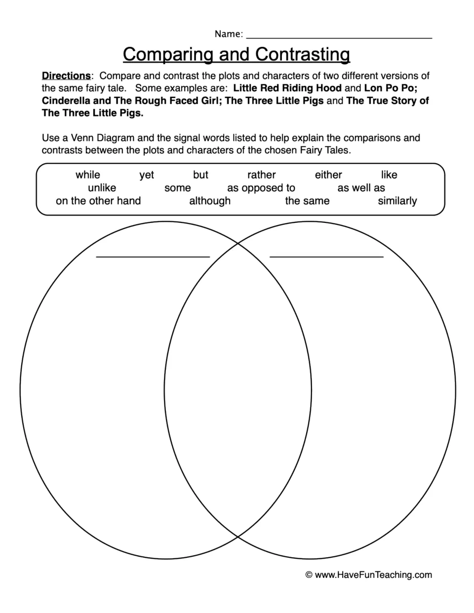 Fairy tale versions Venn diagram: students compare plots and characters using signal words like unlike and similarly