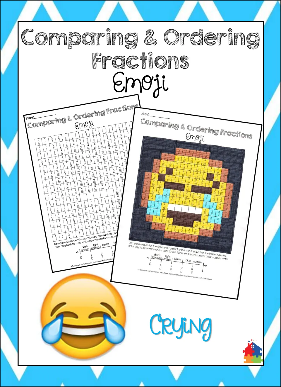 Comparing and ordering fractions emoji cover: blank fraction grid and finished laughing-crying emoji color-by-fraction