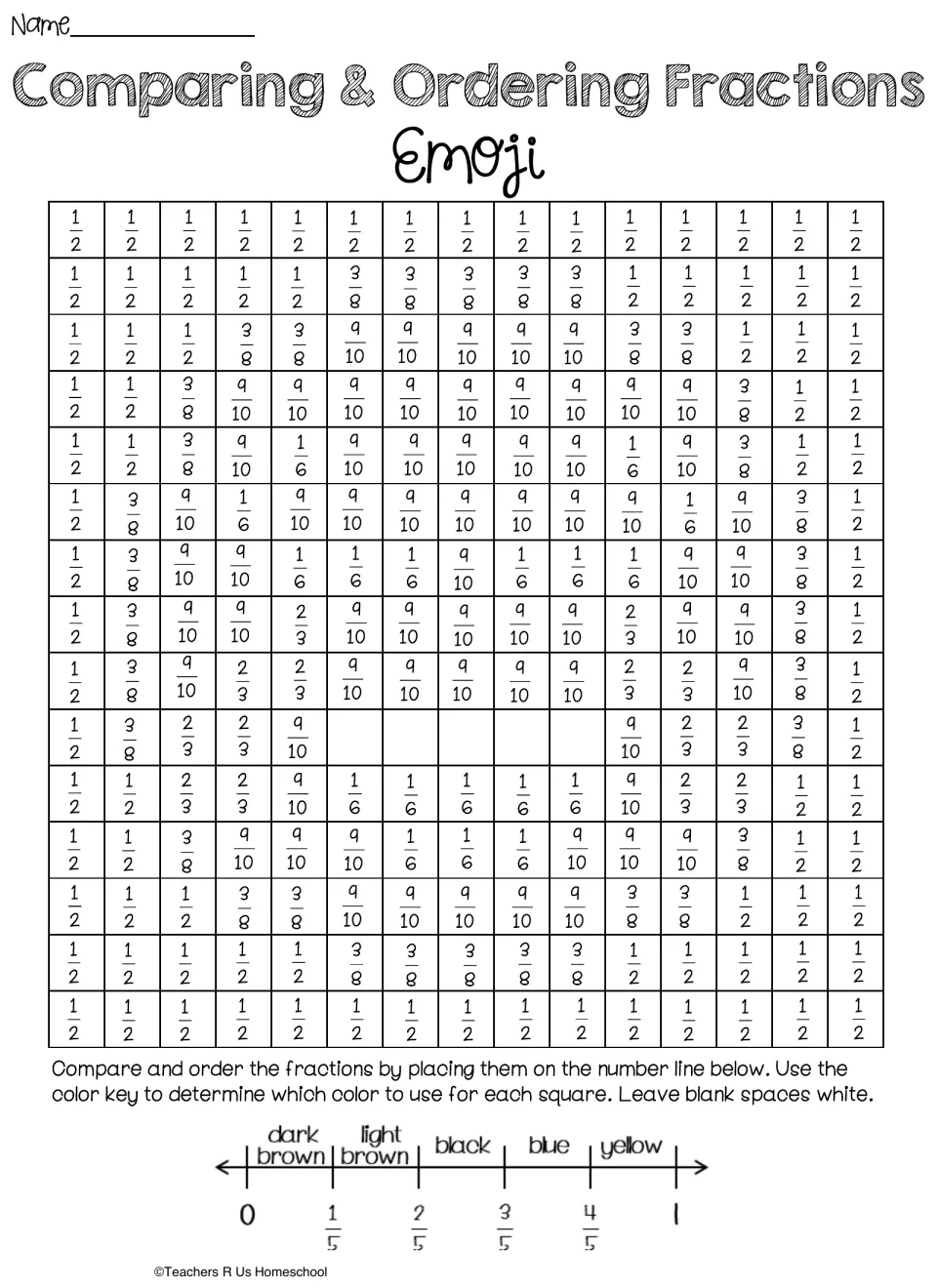 Fraction mystery picture: students order 1/6, 3/8, 1/2, 2/3, 9/10 on a fifths number line, then color the squares by key