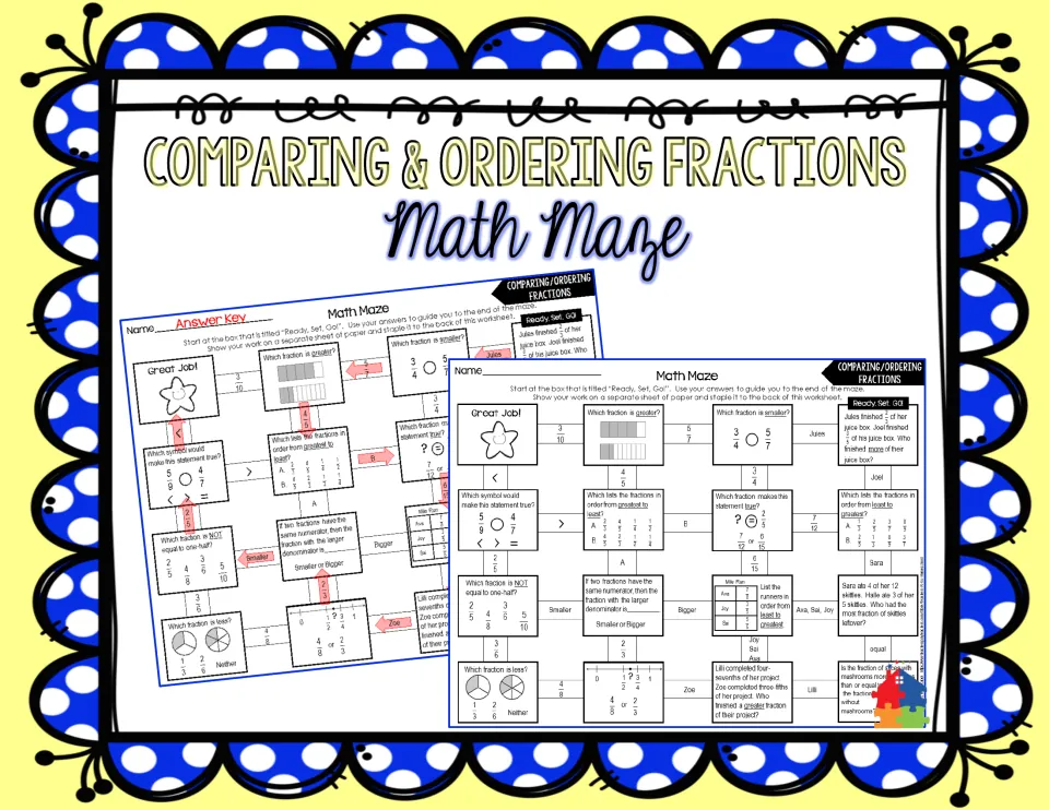 Comparing & Ordering Fractions Math Maze cover showing the 16-box maze worksheet beside its red-arrow answer key