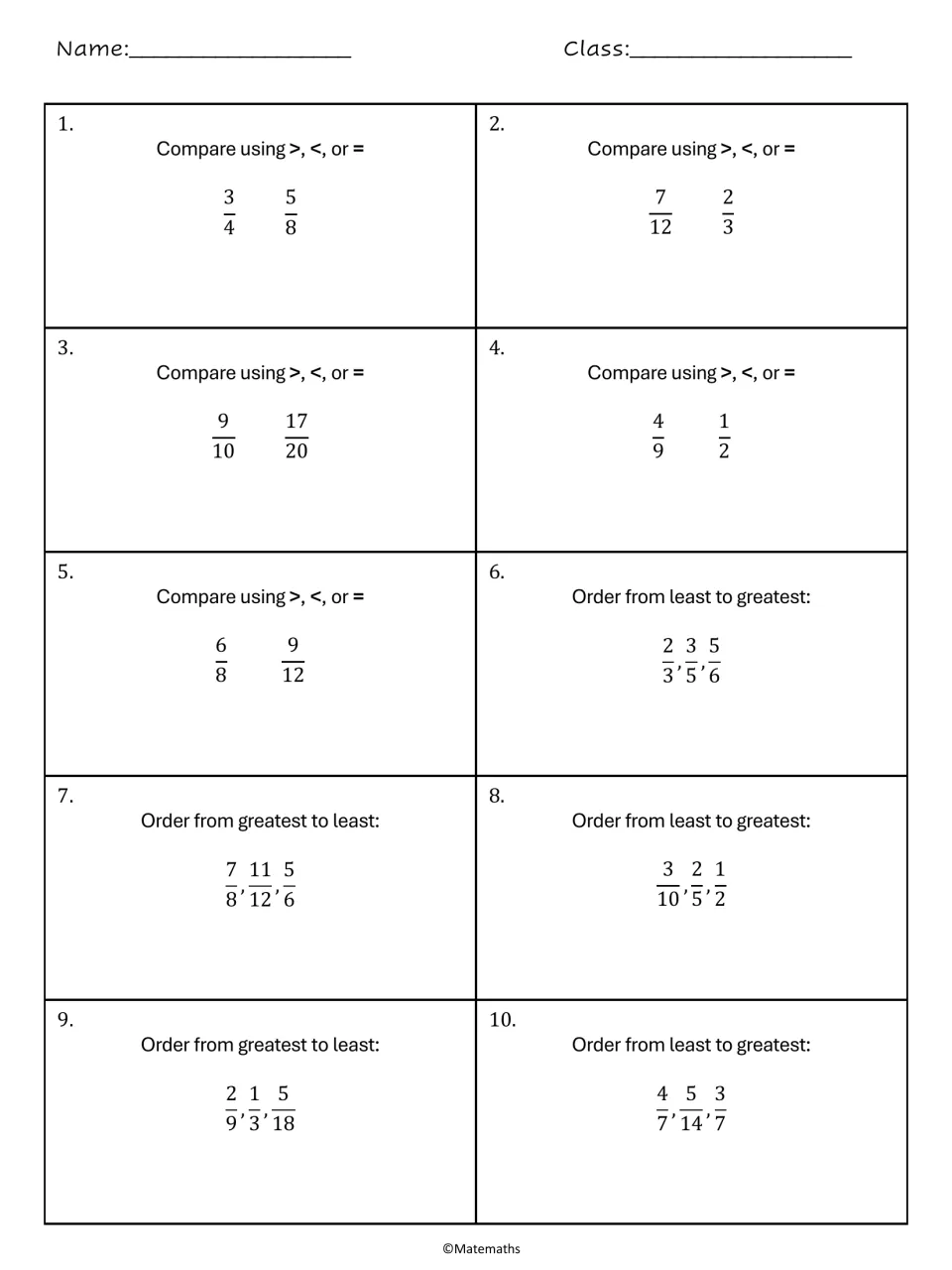 Comparing and ordering fractions: students use >, < or = on five pairs, then order five sets of three fractions