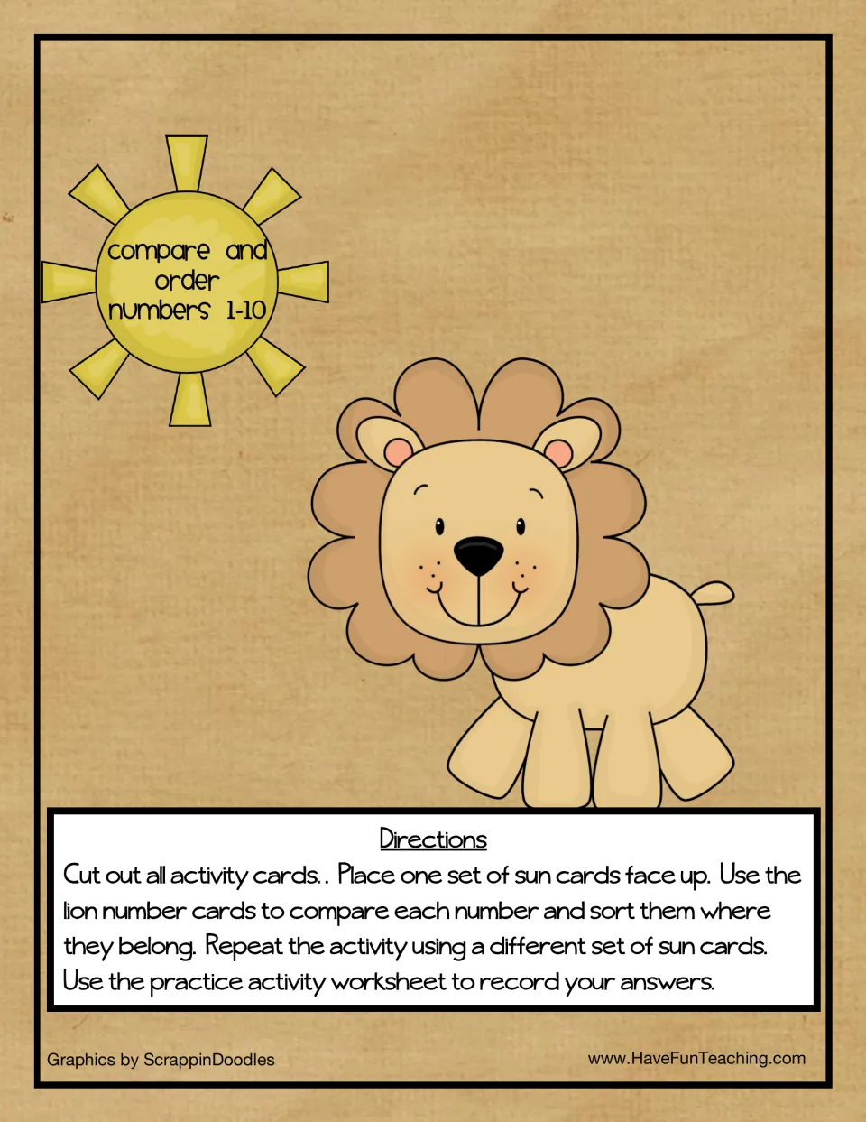 Compare and order numbers 1-10 cover with a sun and lion, plus directions to sort lion number cards under sun cards