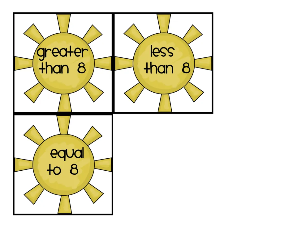 Comparing to 8: three sun sorting cards reading greater than 8, less than 8 and equal to 8 for students to cut out