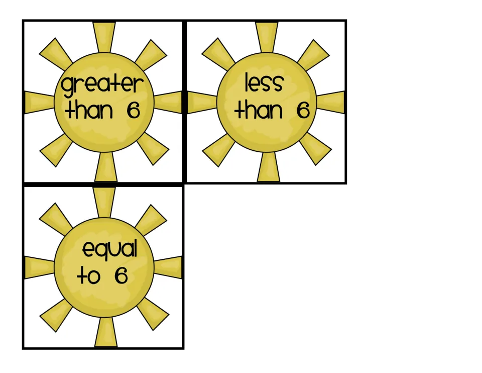 Comparing to 6: cut-out sun cards reading greater than 6, less than 6 and equal to 6 for sorting number cards 1 to 10
