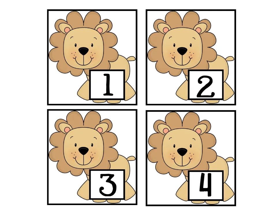 Lion number cards 1 to 4: four smiling lion cards, each with a numeral, for students to cut out and compare