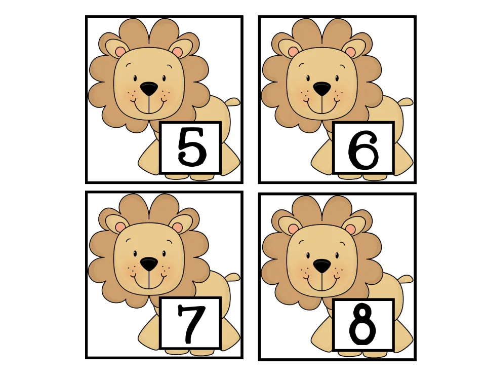 Lion number cards 5 to 8: four lion cards showing the numerals 5, 6, 7 and 8 for sorting by greater, less or equal