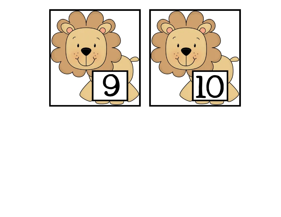 Lion number cards 9 and 10: the final two numeral cards that complete the set of ten used in the comparison sort