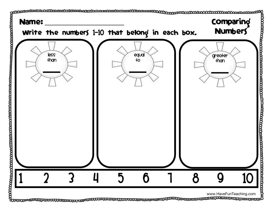 Comparing Numbers recording sheet: students write numbers 1-10 under less than, equal to and greater than a chosen number