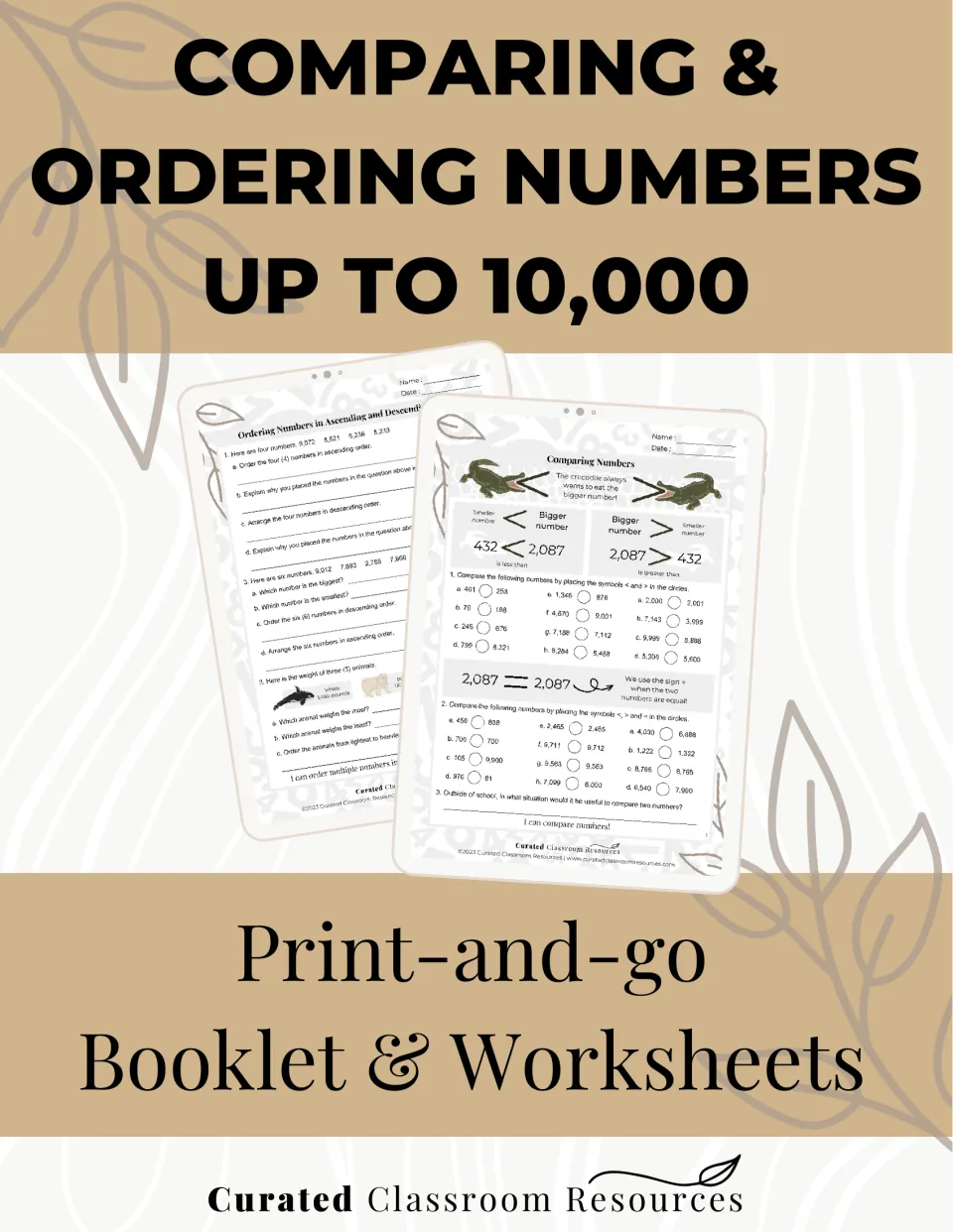 Cover: Comparing & Ordering Numbers up to 10,000 print-and-go booklet and worksheets, showing two sample worksheet pages