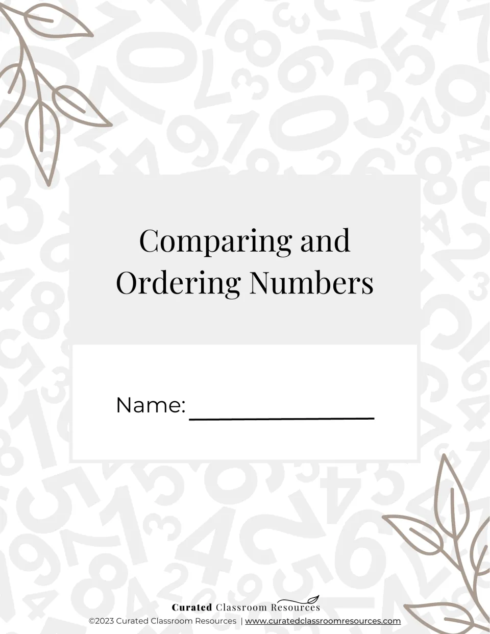 Student booklet cover titled Comparing and Ordering Numbers with a line for the student's name, over a pattern of digits