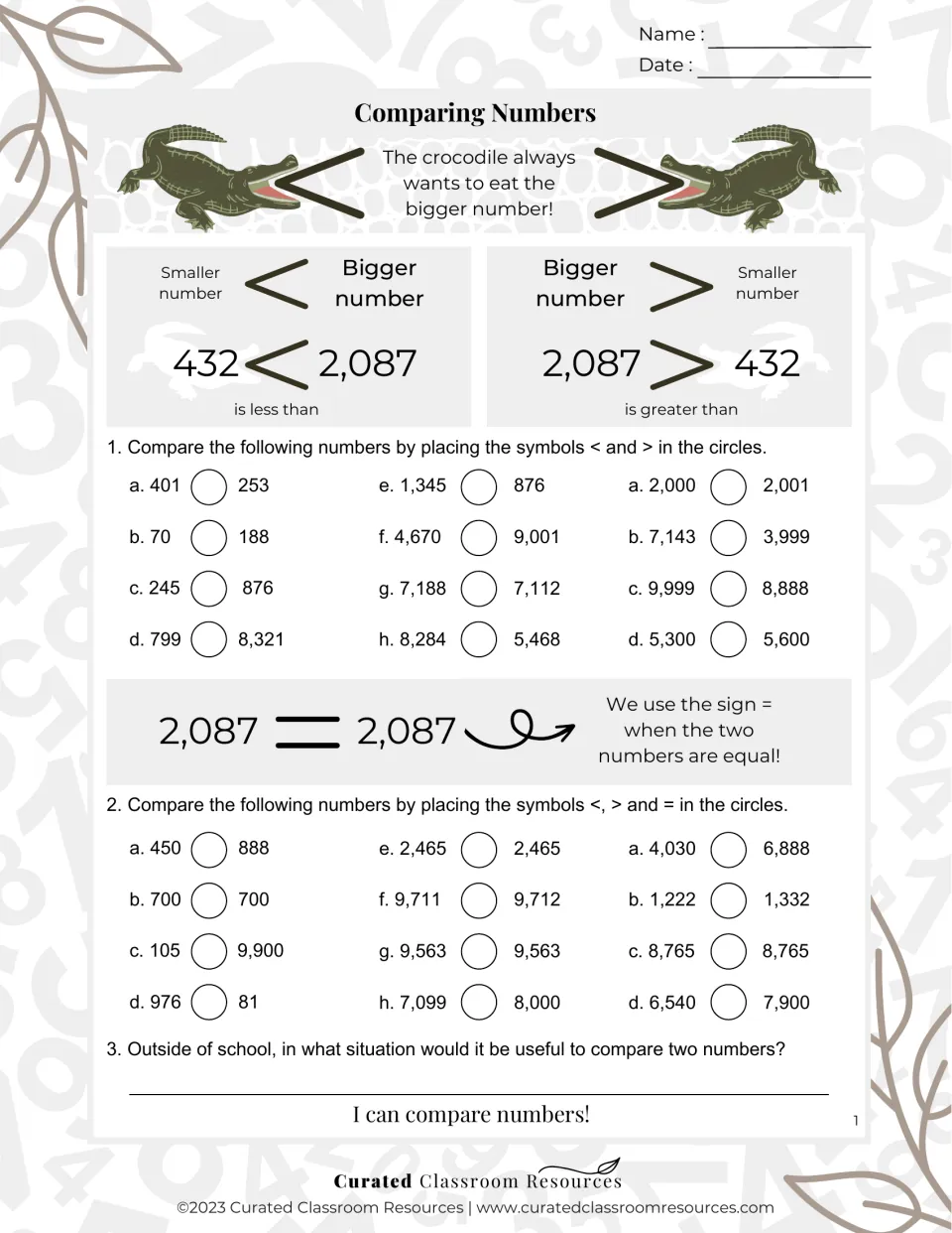 Comparing numbers to 10,000: a crocodile mini-lesson on < and >, then students write <, > or = between 24 number pairs