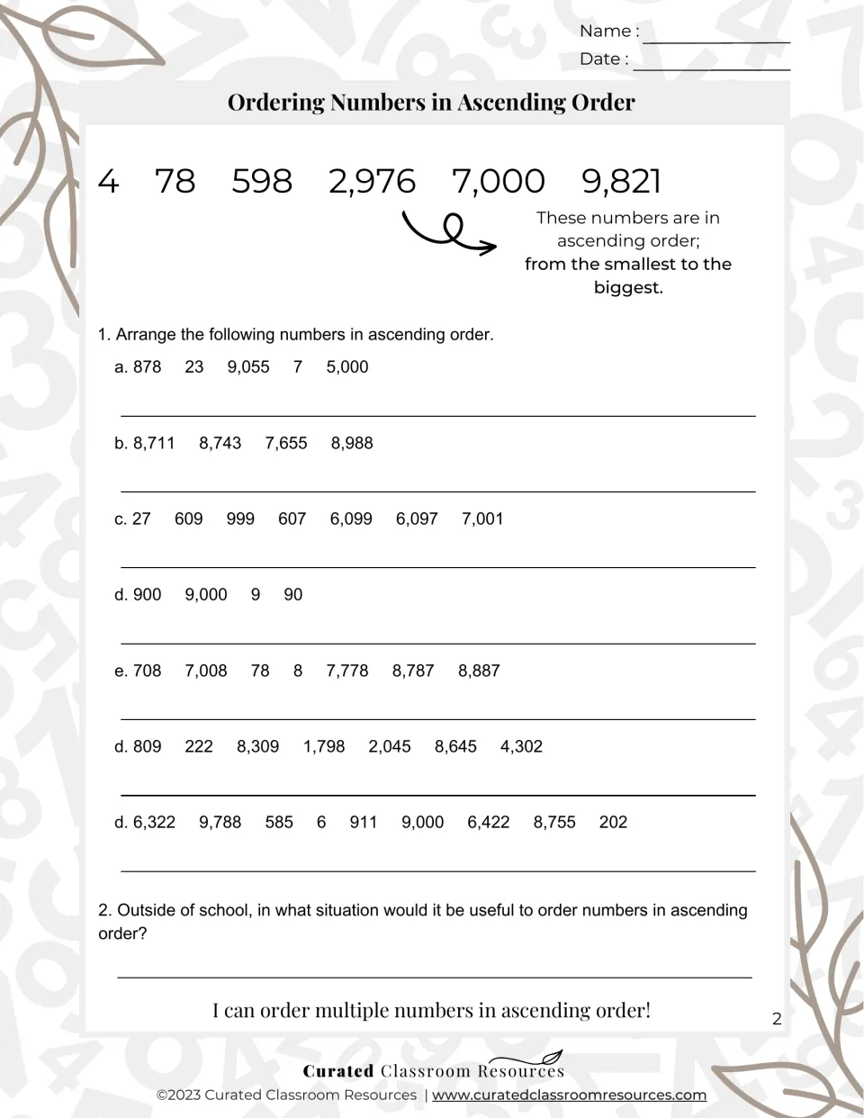 Ascending order: after an example row from 4 to 9,821, students arrange 7 sets of numbers from smallest to biggest