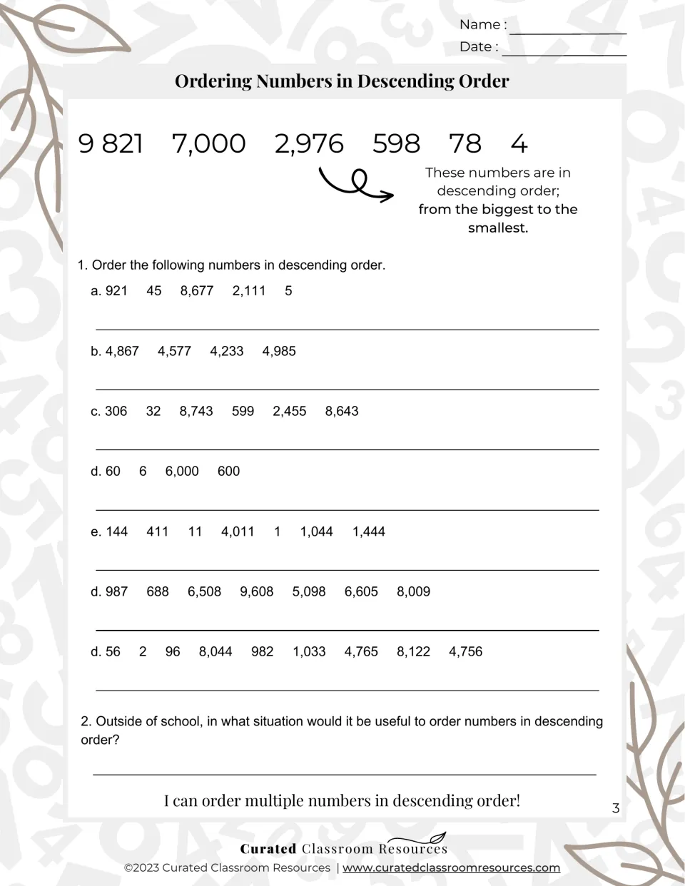 Descending order: students order 7 sets of numbers from biggest to smallest, such as 60, 6, 6,000 and 600