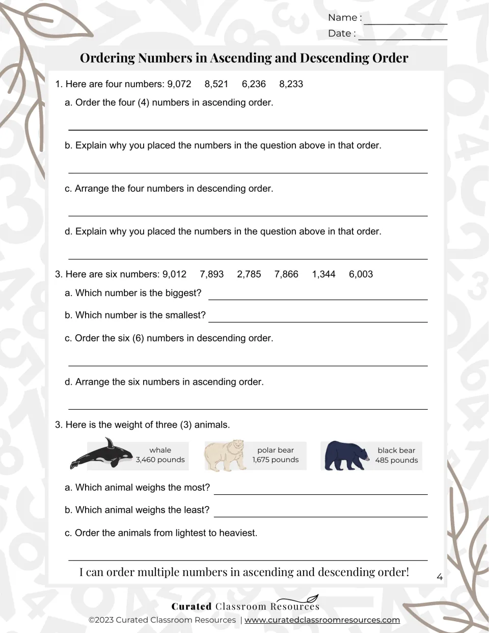 Ascending and descending order: students order four and six 4-digit numbers, explain why, and rank whale and bear weights