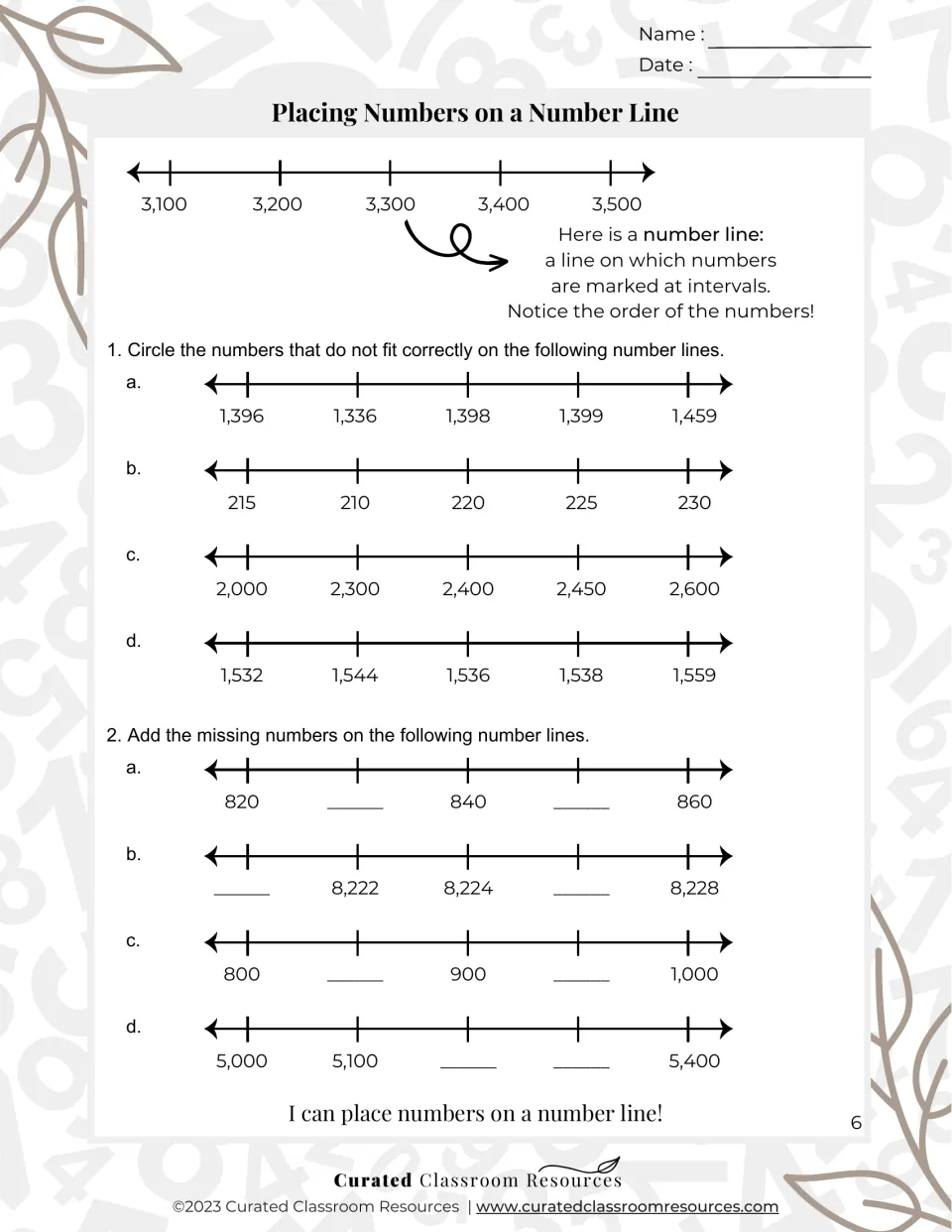Number lines: students circle numbers out of place on four lines and fill in missing values on four more, up to 8,228