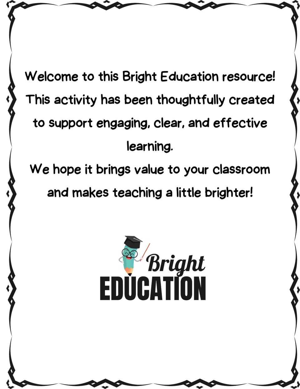 Welcome page for the fraction comparison resource, with a classroom greeting from Bright Education.