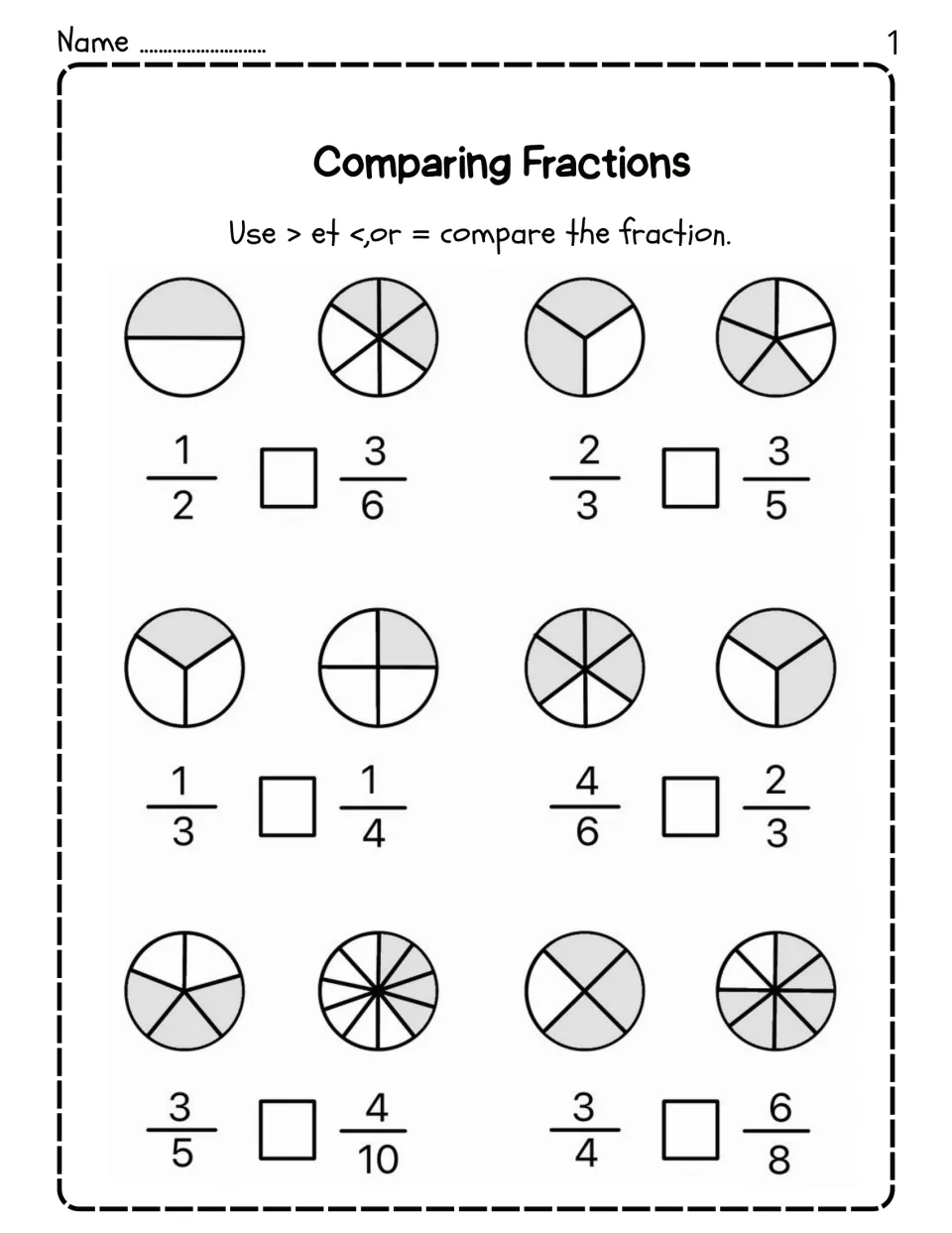 Fraction comparison worksheet 1: six problems with circle models, including 1/2 versus 3/6 and 2/3 versus 3/5.