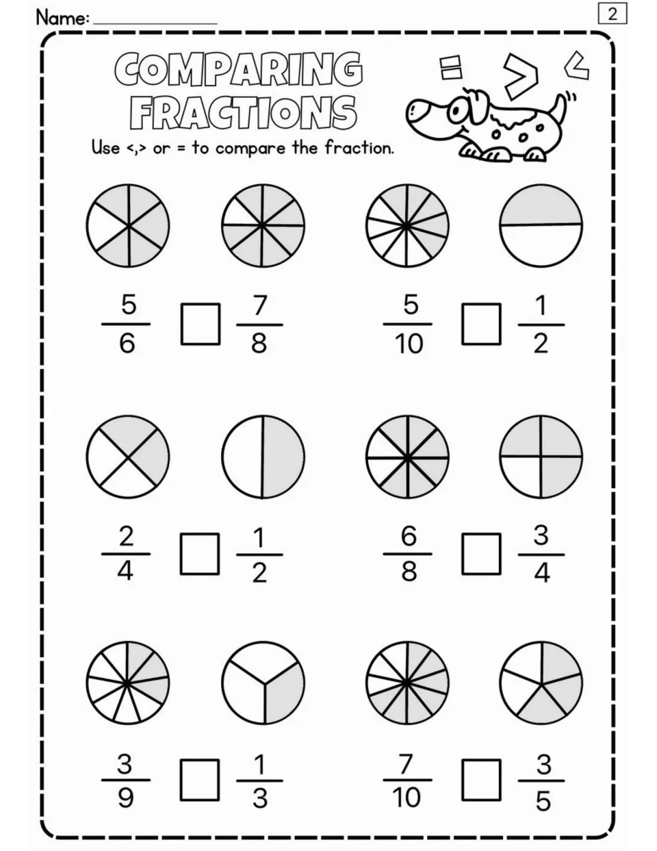 Fraction comparison worksheet 2: six problems with circle models, including 5/6 versus 7/8 and 5/10 versus 1/2.