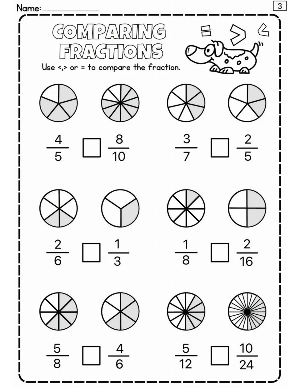 Fraction comparison worksheet 3: six problems with circle models, including 4/5 versus 8/10 and 3/7 versus 2/5.