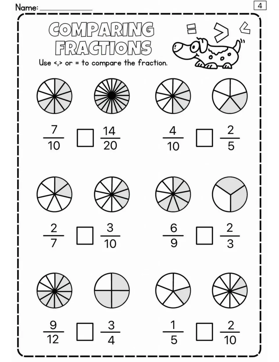 Fraction comparison worksheet 4: six problems with circle models, including 7/10 versus 14/20 and 4/10 versus 2/5.