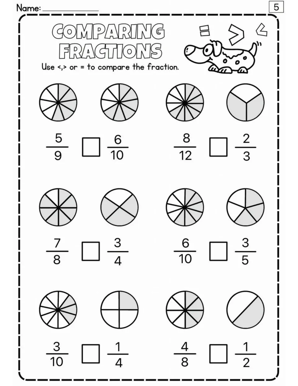 Fraction comparison worksheet 5: six problems with circle models, including 5/9 versus 6/10 and 8/12 versus 2/3.