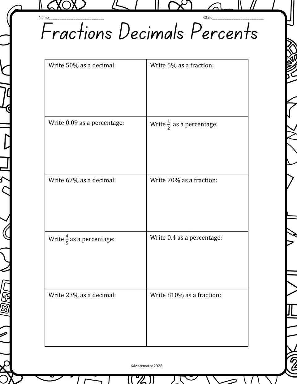 Percent conversion practice: students write 50% as a decimal, 5% as a fraction, 1/2 and 4/5 as percentages, 10 items