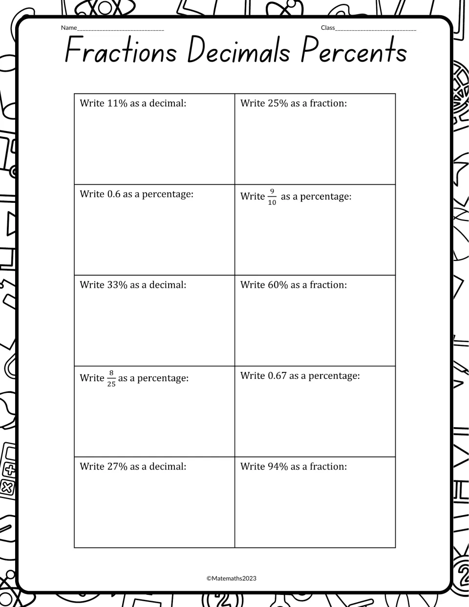 More conversion practice: students write 11% as a decimal, 25% as a fraction, 9/10 and 8/25 as percentages, 10 items