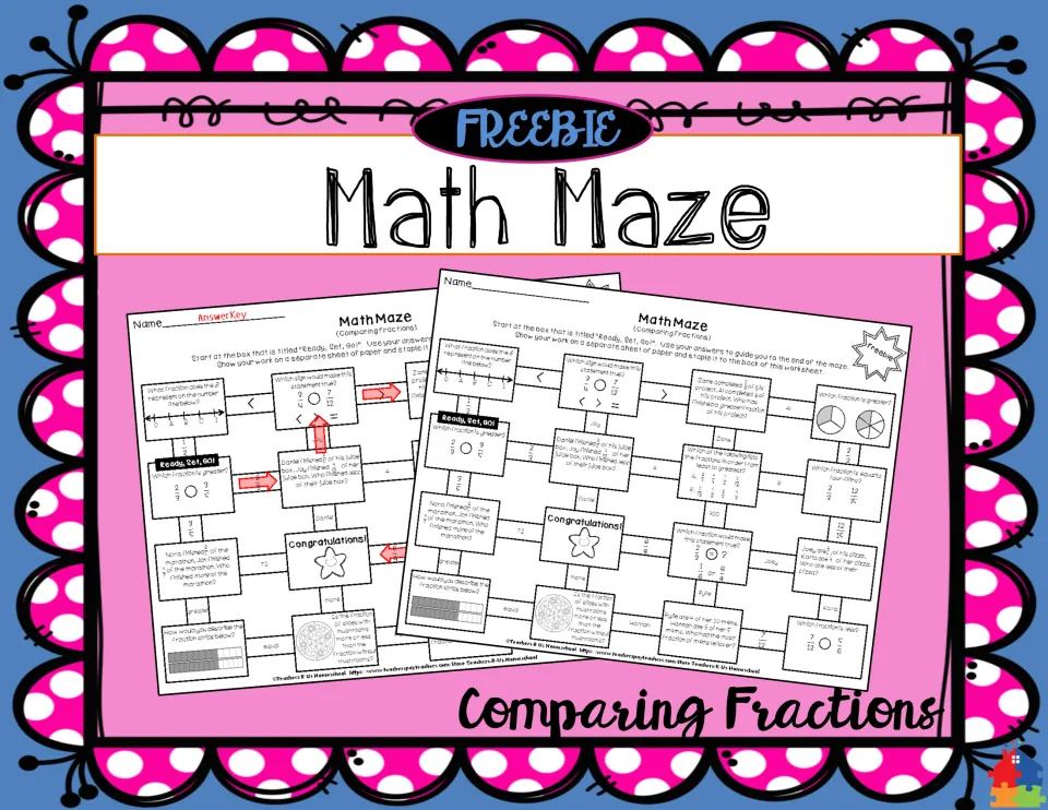 Comparing fractions math maze cover showing the student maze sheet and its answer key, labeled as a freebie