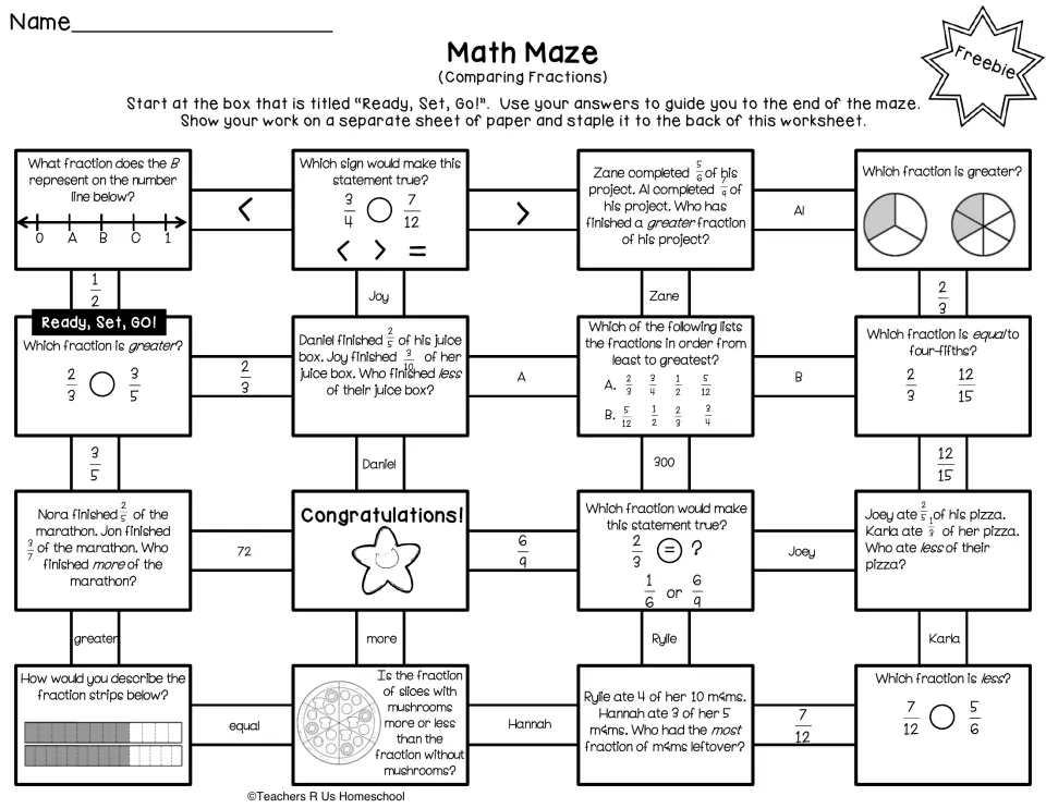 Fraction maze: from Ready, Set, Go! students compare fractions with <, > or = and in word problems to find the path
