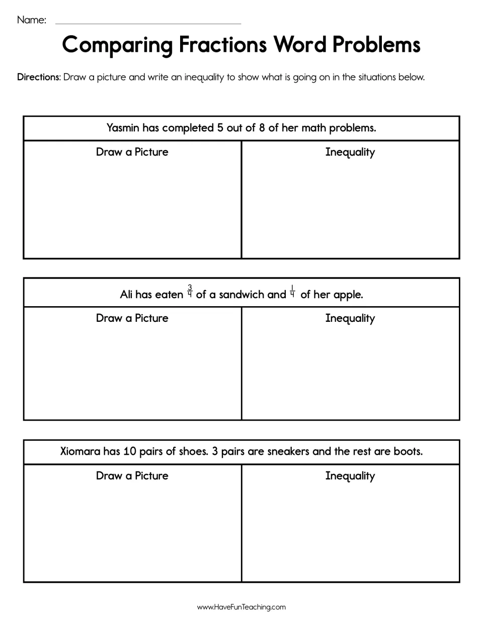 Fraction word problems: students draw a model and write an inequality comparing fractions for Yasmin, Ali and Xiomara
