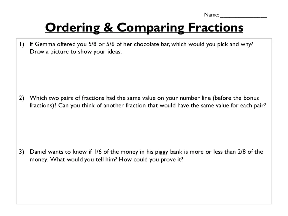 Comparing fractions word problems: three questions on 5/8 vs 5/6 of a chocolate bar, equal pairs, and 1/6 vs 2/8 of savings