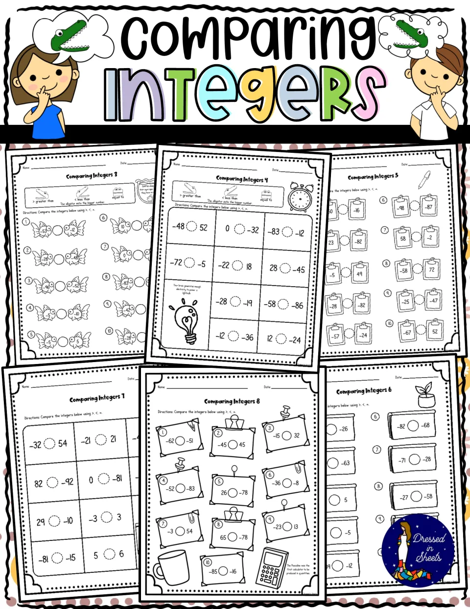 Comparing Integers cover: alligator-themed worksheets where students compare positive and negative numbers with >, <, =