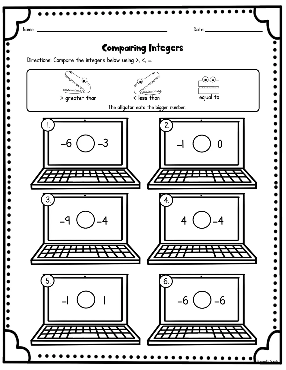 Integer comparison sheet 1: students write >, < or = between six pairs on laptop screens, such as -6 and -3 or 4 and -4