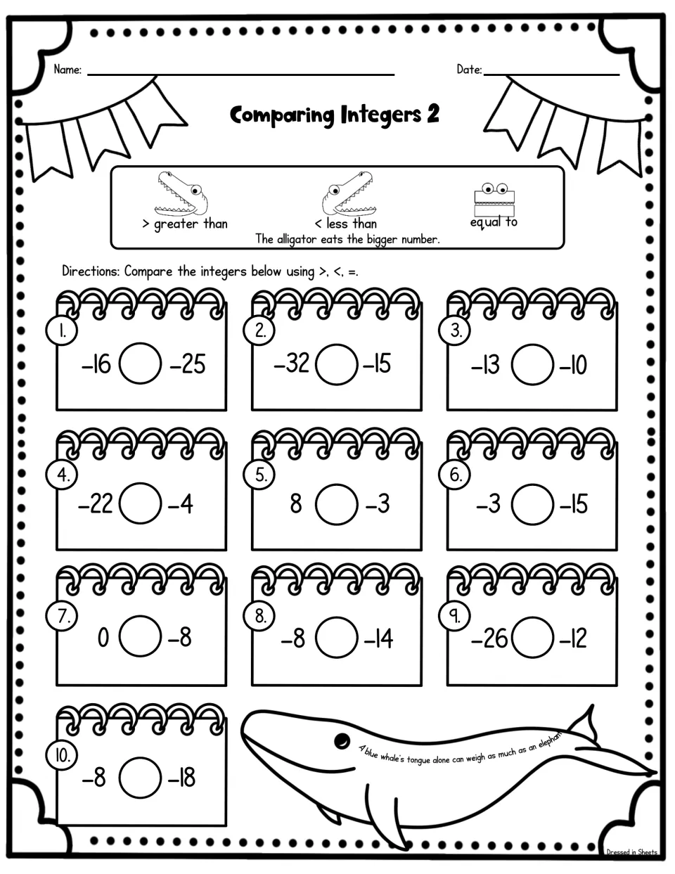 Integer comparison sheet 2: students place >, < or = between 10 mostly negative pairs on notepads, like -16 and -25