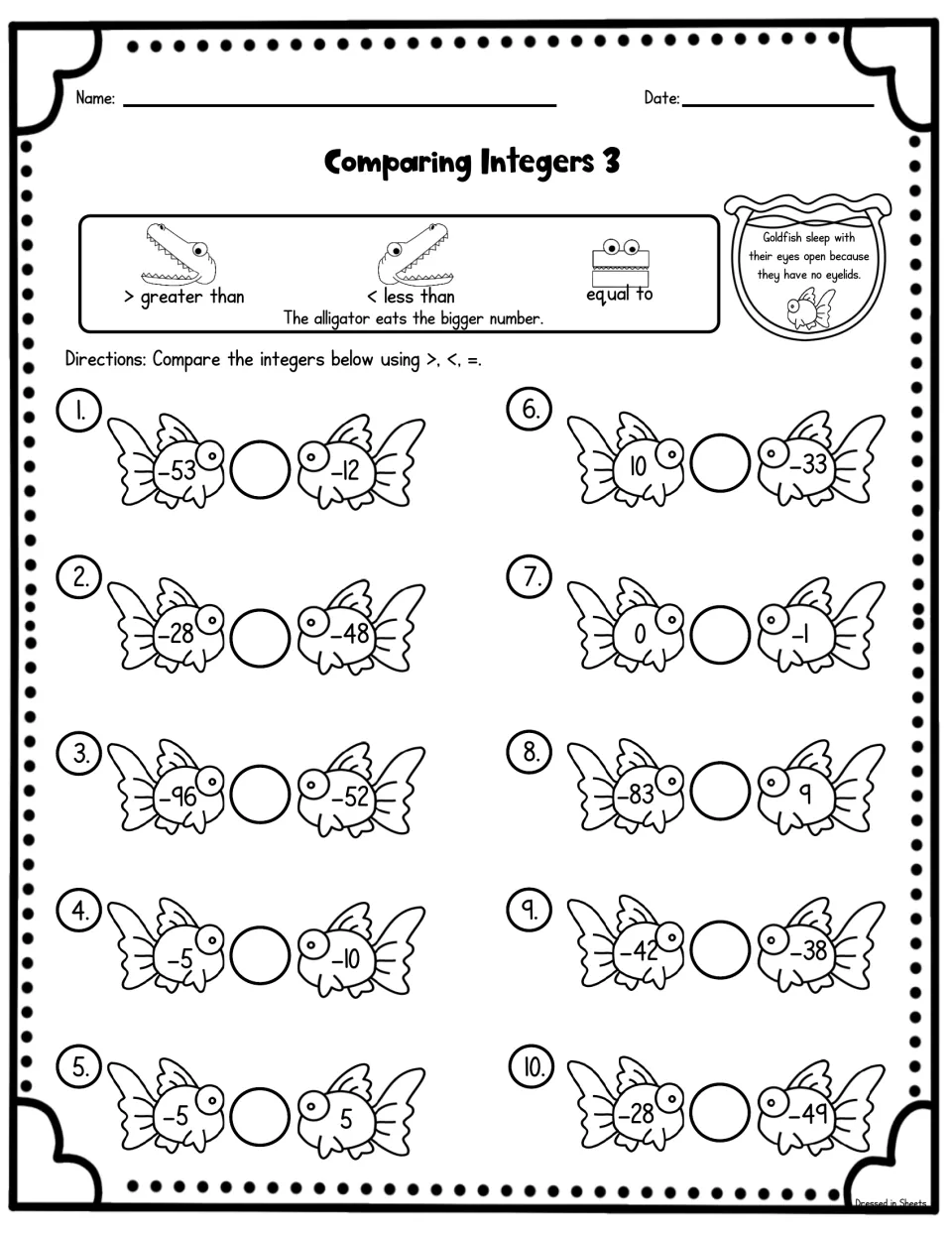 Integer comparison sheet 3: students compare 10 pairs drawn on goldfish, such as -53 and -12, using >, < or =