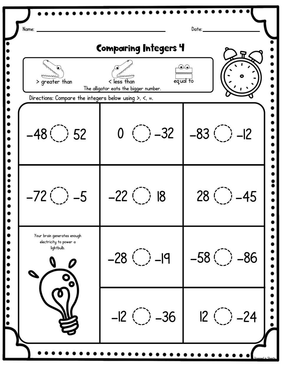 Integer comparison sheet 4: students write >, < or = for 11 pairs such as -48 and 52, 0 and -32, and -58 and -86